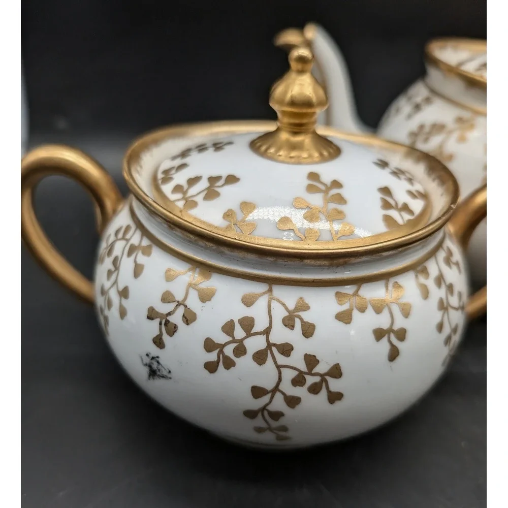 Antique Limoges Lycett France Gold Leaf Porcelain Teapot Sugar Creamer Set 3pc